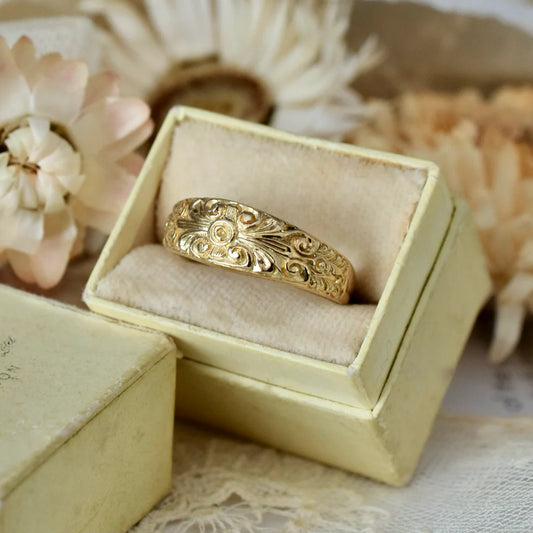Antique Style Flower Engraved 14k Gold Vermeil Band Rings For Women