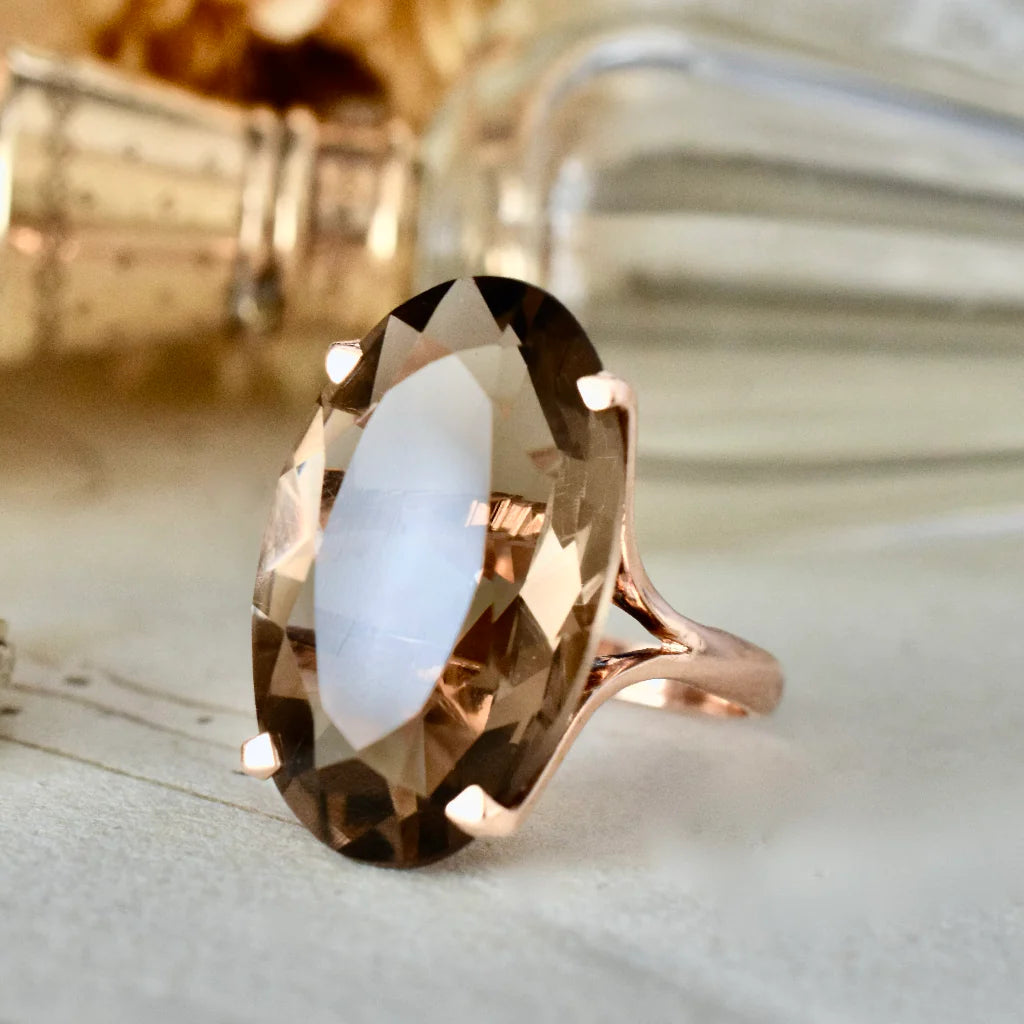 Natural Elongated Oval Cut Smoky Quartz Solitaire Vintage Rings - 14k Rose Gold Vermeil Rings