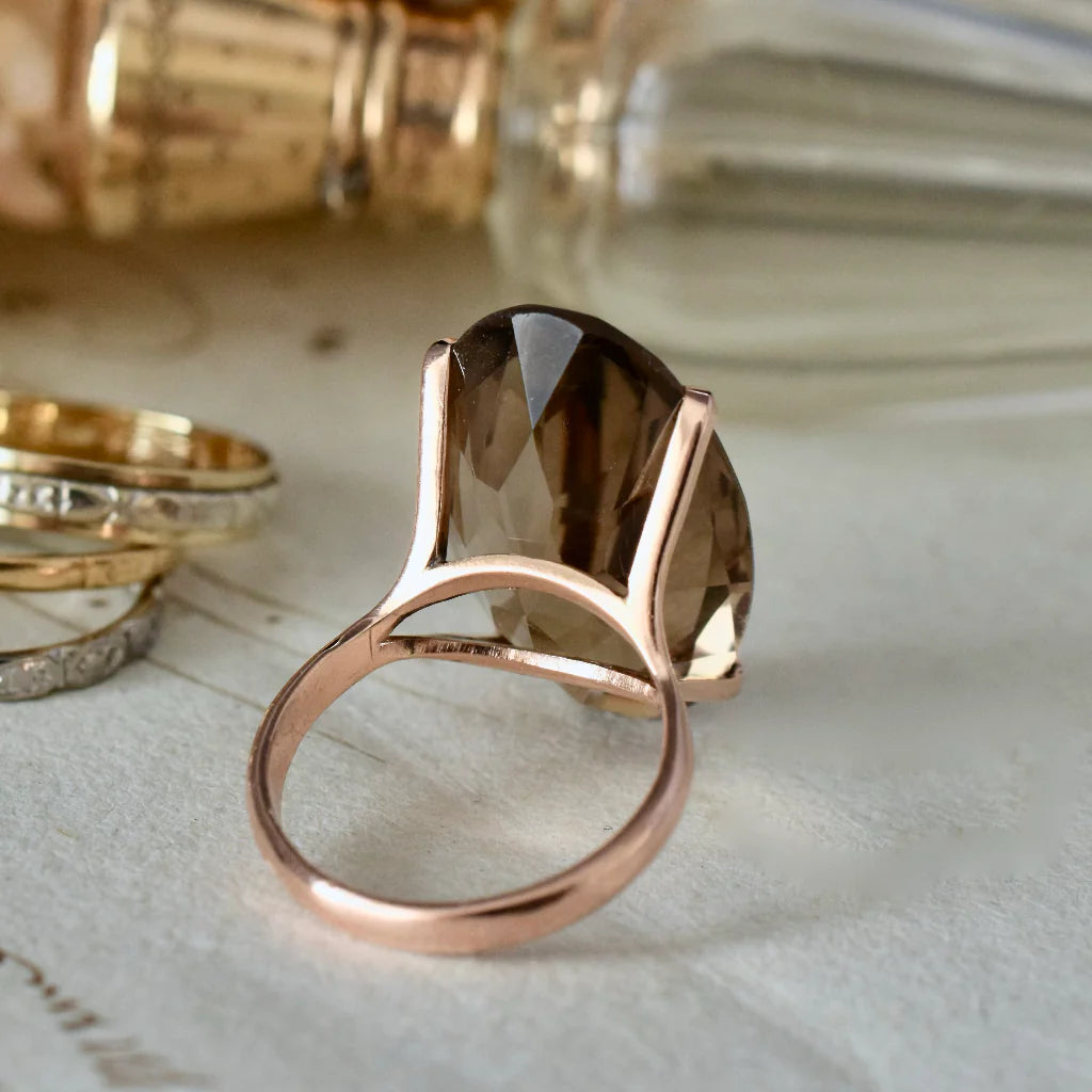 Natural Elongated Oval Cut Smoky Quartz Solitaire Vintage Rings - 14k Rose Gold Vermeil Rings