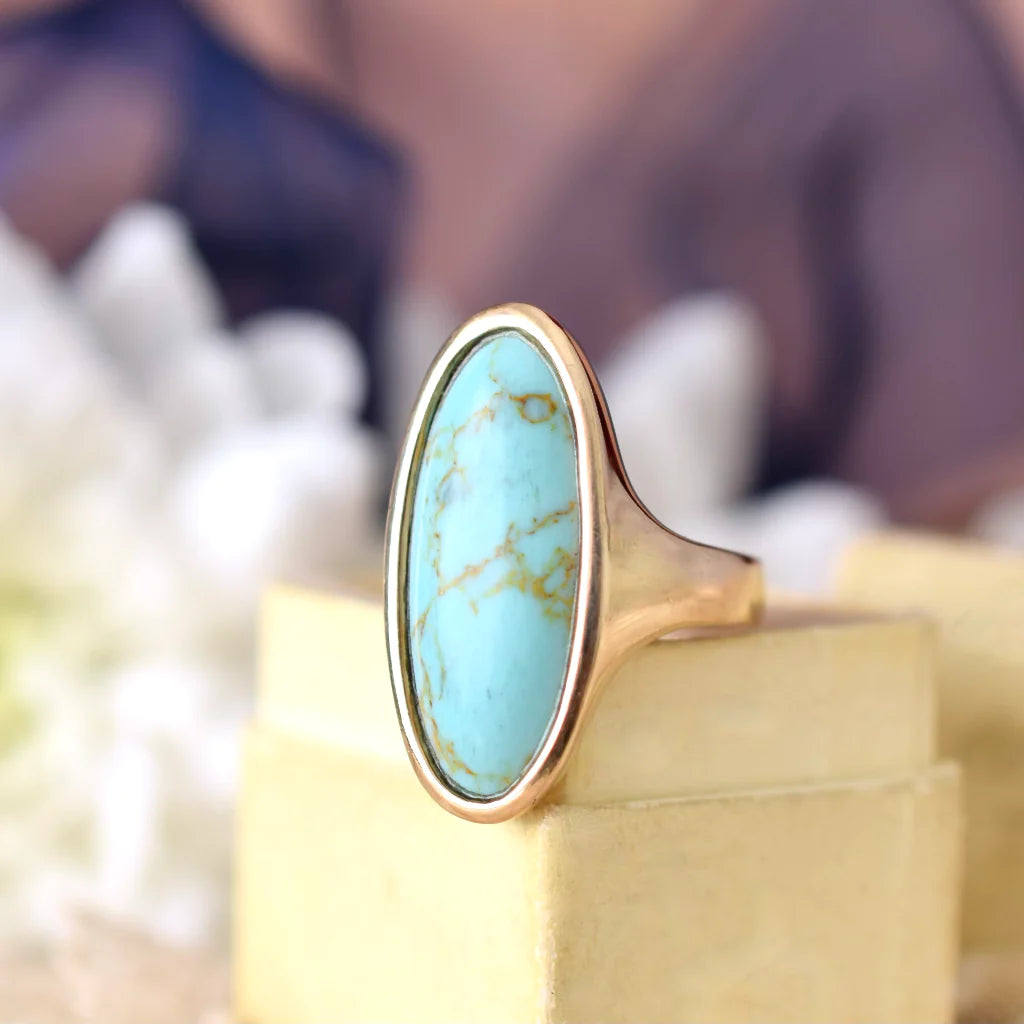 Natural Elongated Oval Cut Turquoise Vintage Southwestern Style Ring - 14k Gold Vermeil Rings