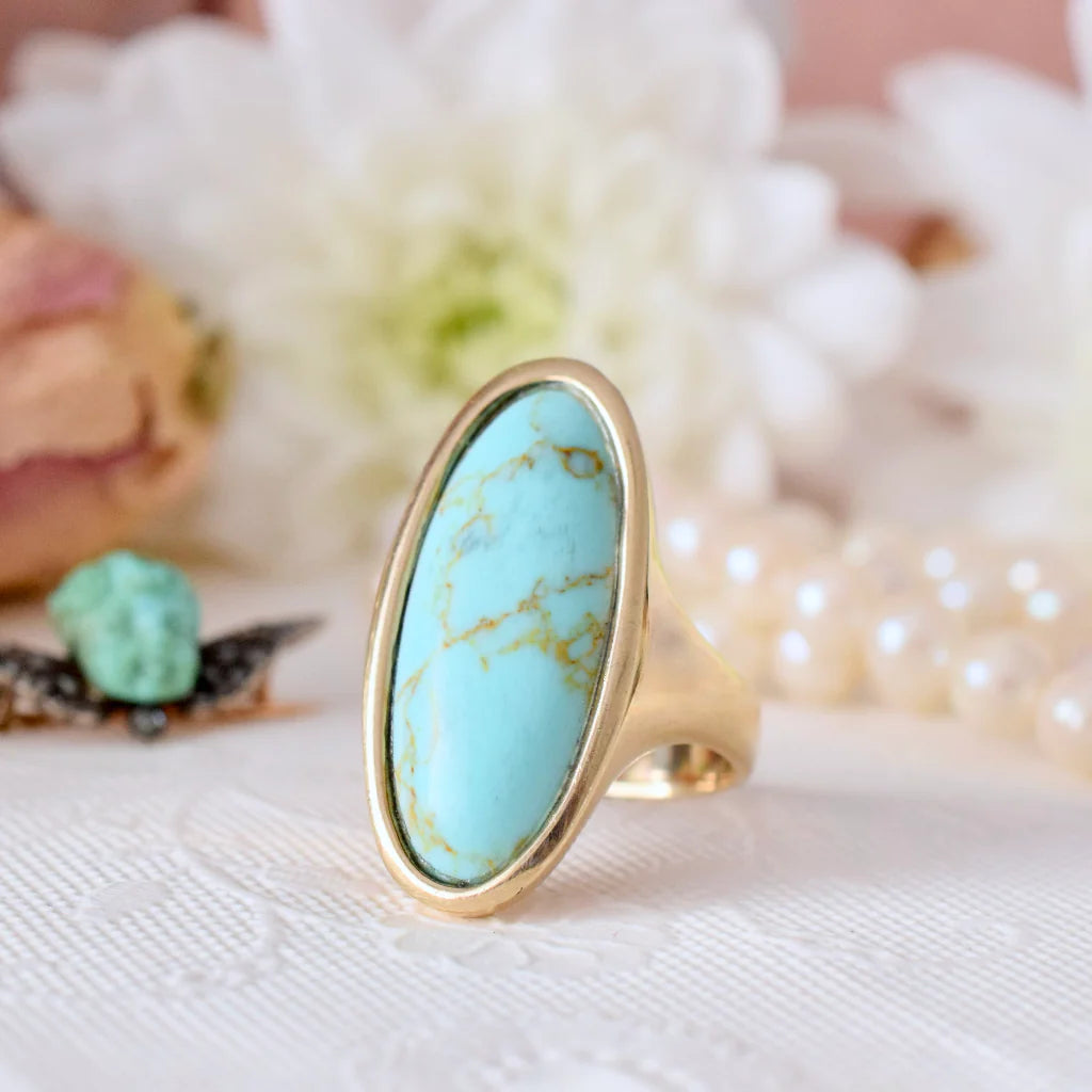 Natural Elongated Oval Cut Turquoise Vintage Southwestern Style Ring - 14k Gold Vermeil Rings