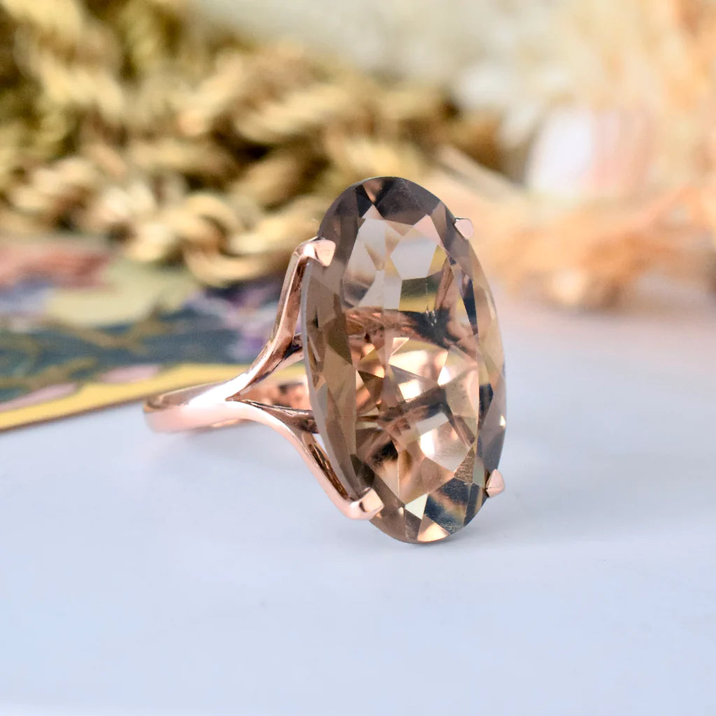 Natural Elongated Oval Cut Smoky Quartz Solitaire Vintage Rings - 14k Rose Gold Vermeil Rings