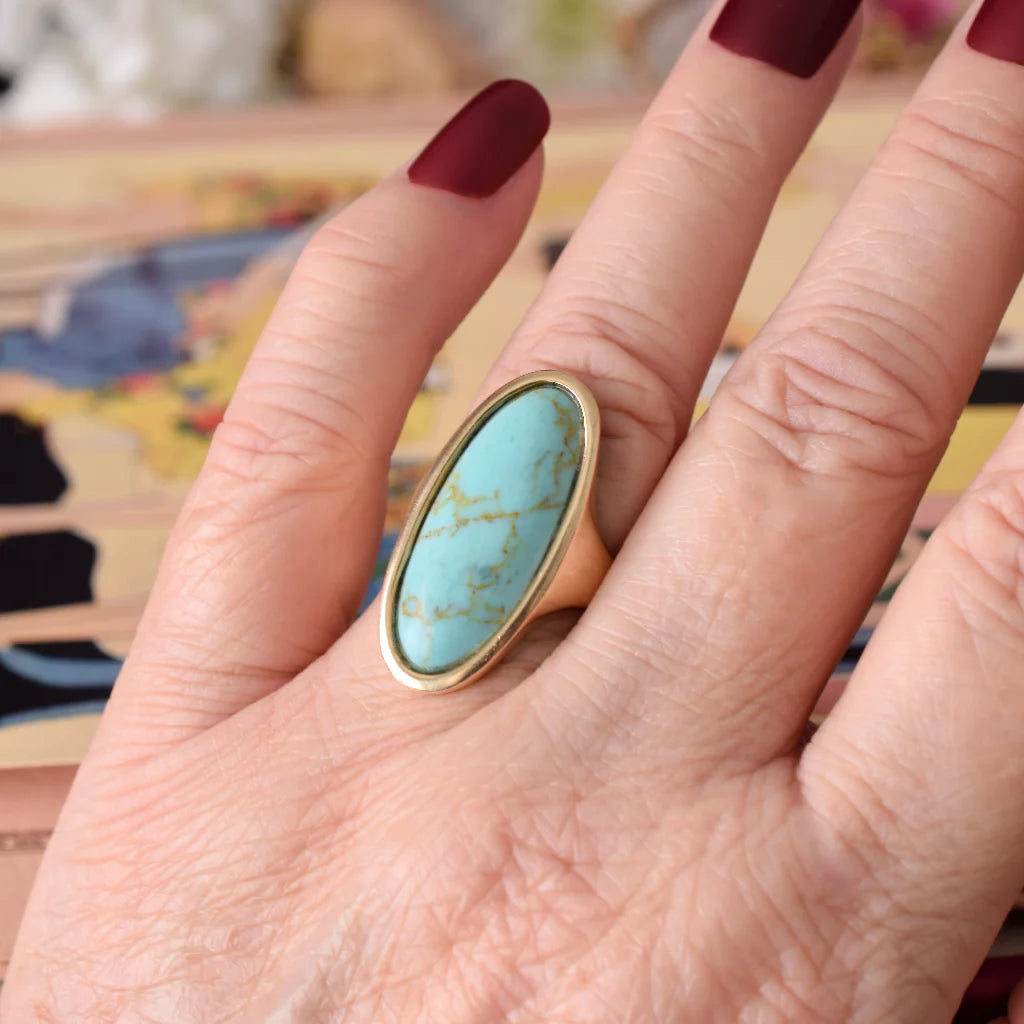 Natural Elongated Oval Cut Turquoise Vintage Southwestern Style Ring - 14k Gold Vermeil Rings