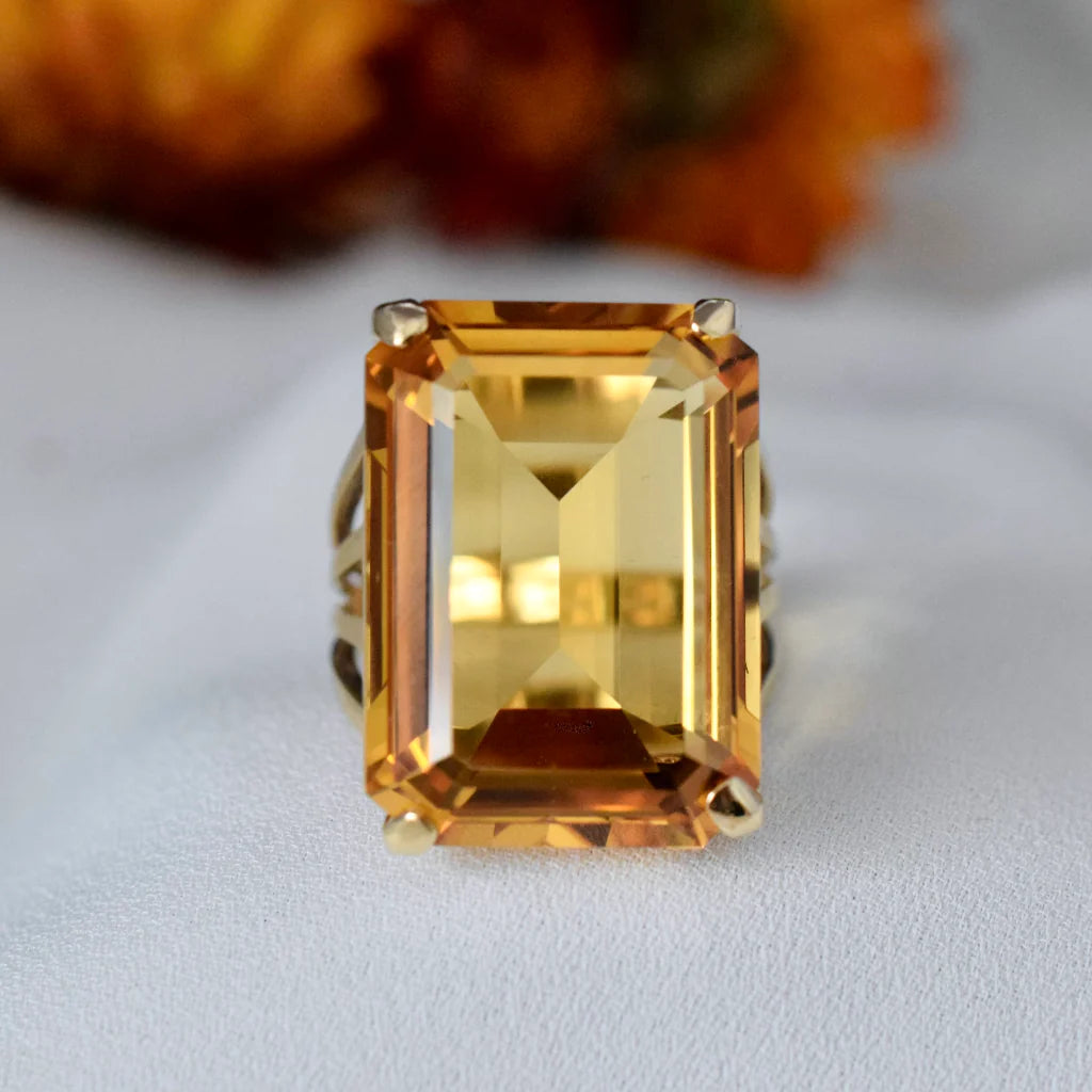 Natural Emerald Cut Citrine Cocktail Vintage Rings For Women - 14k Gold Vermeil Rings