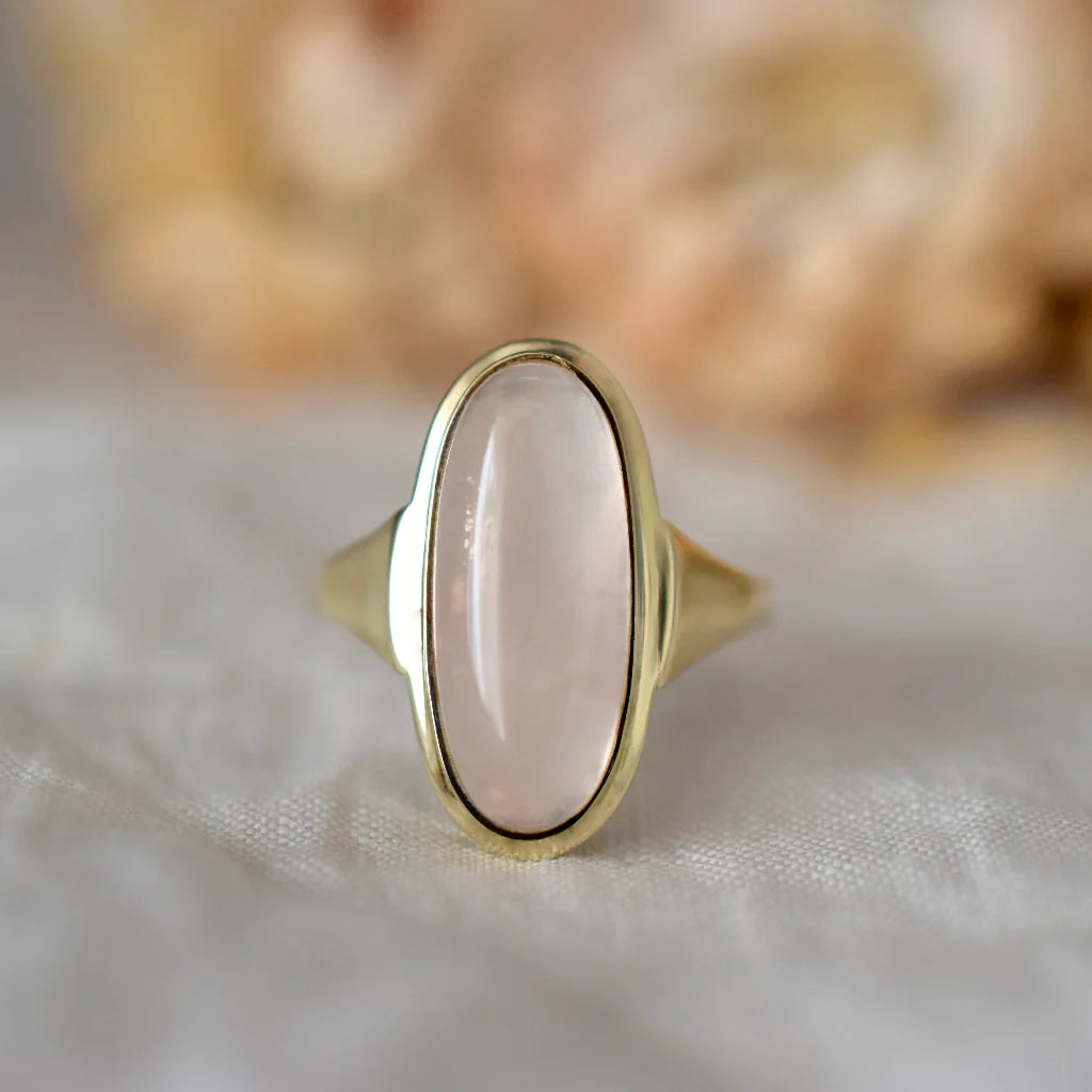 Natural Oval Cut Elongated Rose Quartz Cocktail Vintage Rings - 14k Gold Vermeil Rings