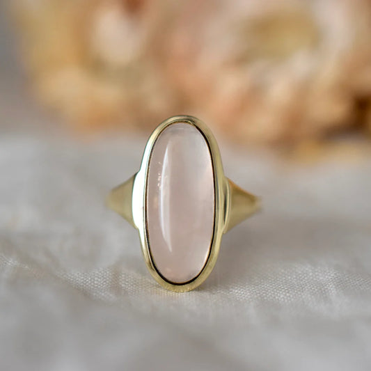 Natural Oval Cut Elongated Rose Quartz Cocktail Vintage Rings - 14k Gold Vermeil Rings