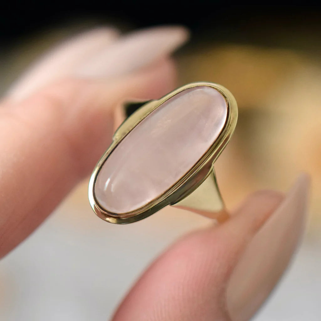 Natural Oval Cut Elongated Rose Quartz Cocktail Vintage Rings - 14k Gold Vermeil Rings