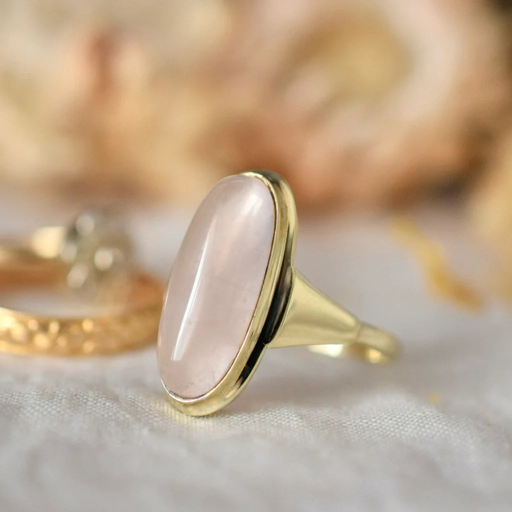 Bague en quartz rose allongée naturelle - Bague en quartz rose vintage - Bague Vermeil en or 14 carats