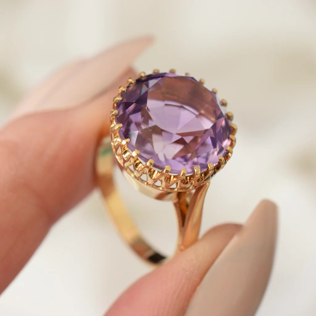 Natürlicher Amethyst-Solitärring im Rundschliff – 14-karätiger Gold-Vermeil-Ring – Amethyst-Cocktailring