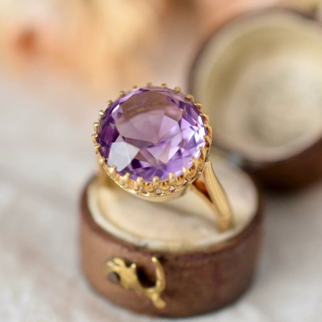 Natürlicher Amethyst-Solitärring im Rundschliff – 14-karätiger Gold-Vermeil-Ring – Amethyst-Cocktailring