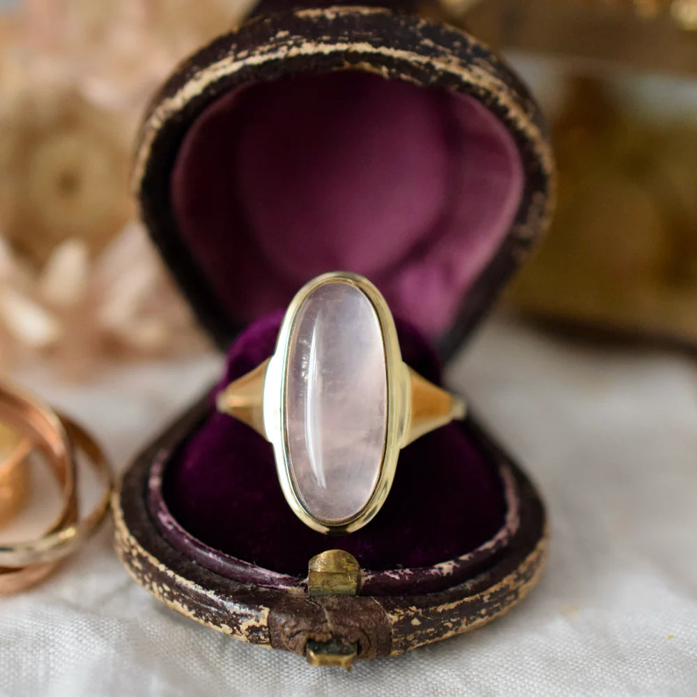 Bague en quartz rose allongée naturelle - Bague en quartz rose vintage - Bague Vermeil en or 14 carats