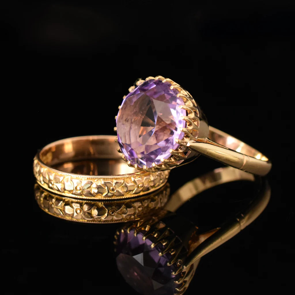 Natürlicher Amethyst-Solitärring im Rundschliff – 14-karätiger Gold-Vermeil-Ring – Amethyst-Cocktailring