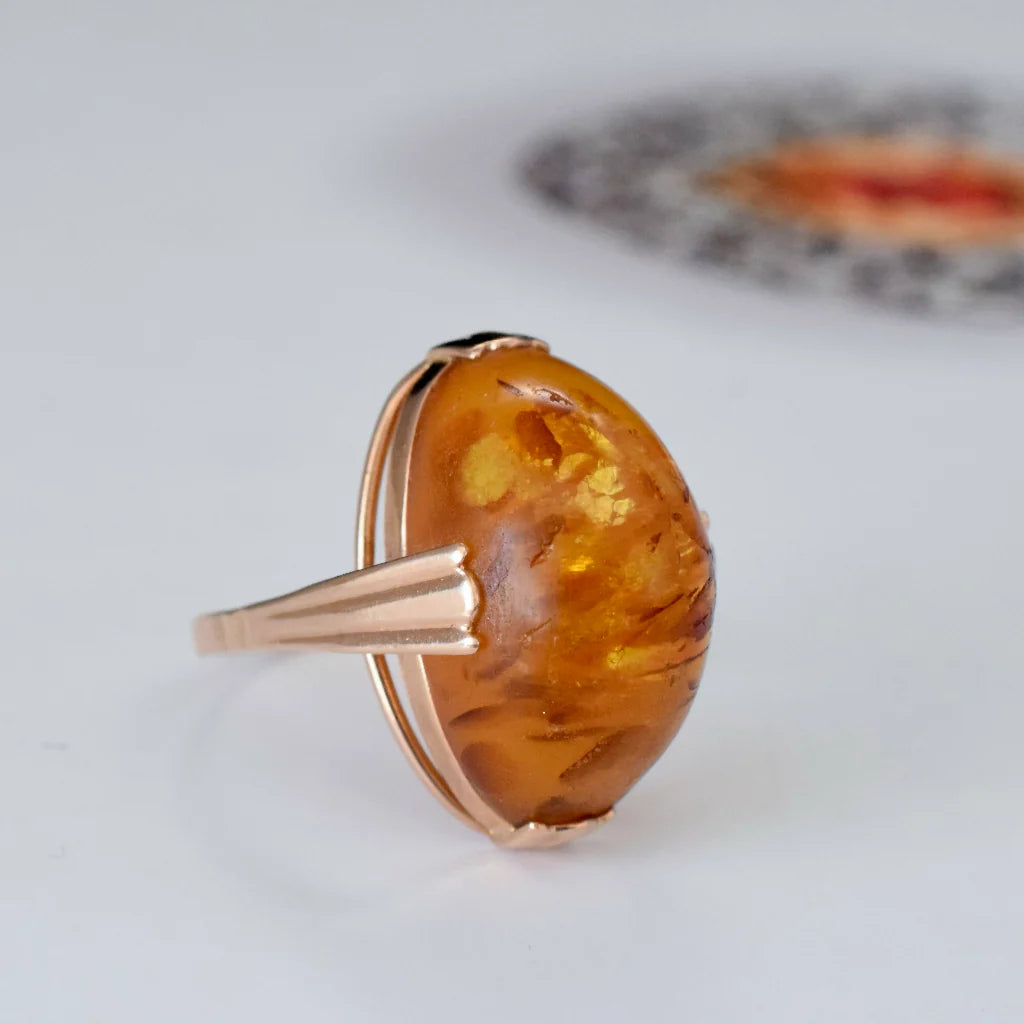 Natural Oval Cut Amber Solitaire Vintage Ring - 14k Rose Gold Vermeil Rings