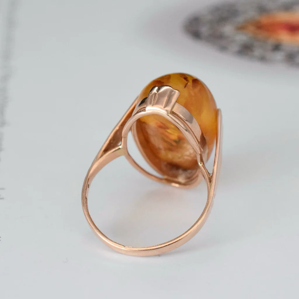 Bague solitaire ambre taille ovale naturelle - Bagues Vermeil en or rose 14 carats - Bagues vintage ambre