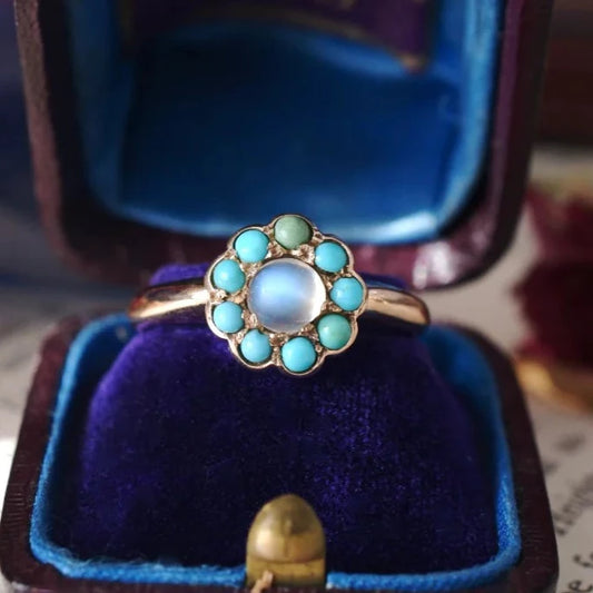 Rainbow Moonstone And Turquoise Round Cut Cluster Vintage Rings  - 14k Rose Gold Vermeil Rings