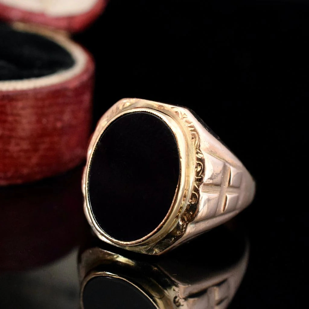 bagues en onyx noir de style Art déco vintage - bagues en vermeil en or rose 14 carats - chevalières