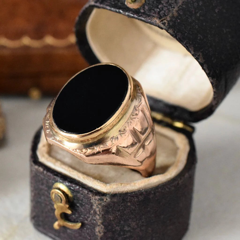 Schwarze Onyx-Ringe im Vintage-Art-Deco-Stil – Ringe aus 14-karätigem Roségold-Vermeil – Siegelringe