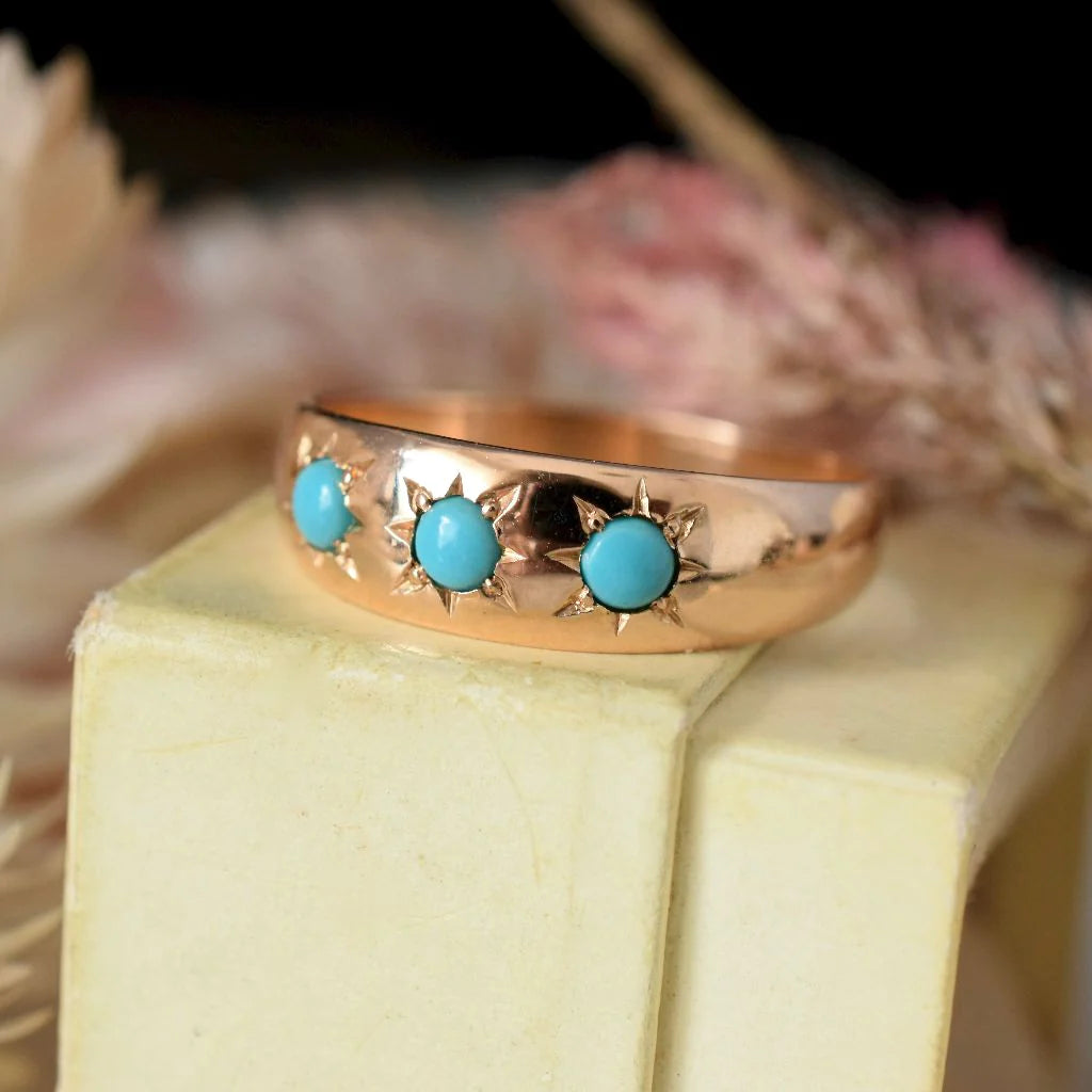 Natural Three Stone Set Turquoise Wide Band Vintage Rings - 14k Gold Vermeil Rings