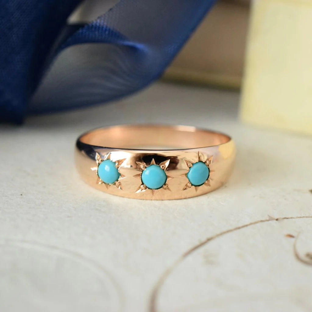 Bague Gypsy Turquoise Naturelle - Bagues Vermeil Or 14 carats - Bagues Vintage Turquoise