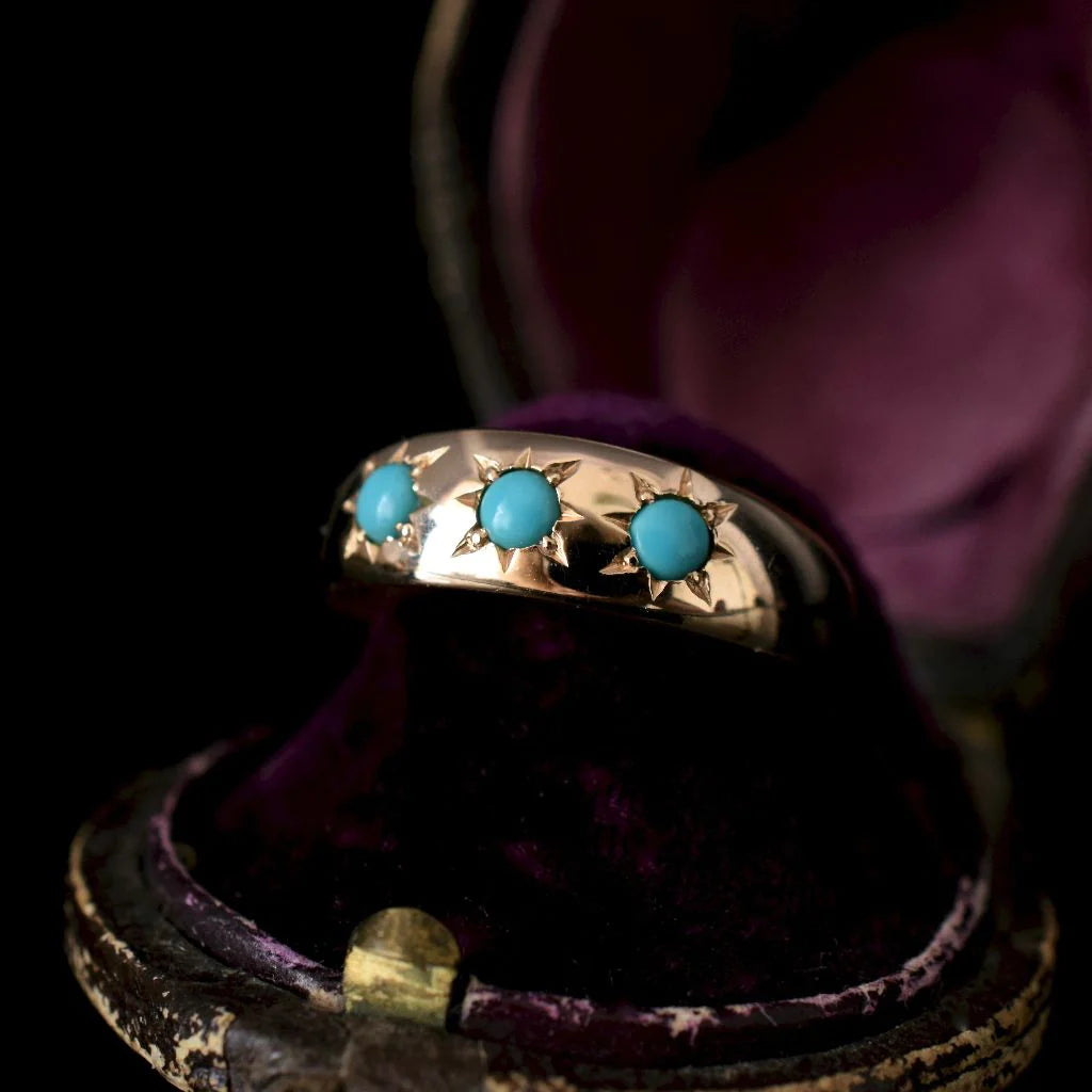 Bague Gypsy Turquoise Naturelle - Bagues Vermeil Or 14 carats - Bagues Vintage Turquoise