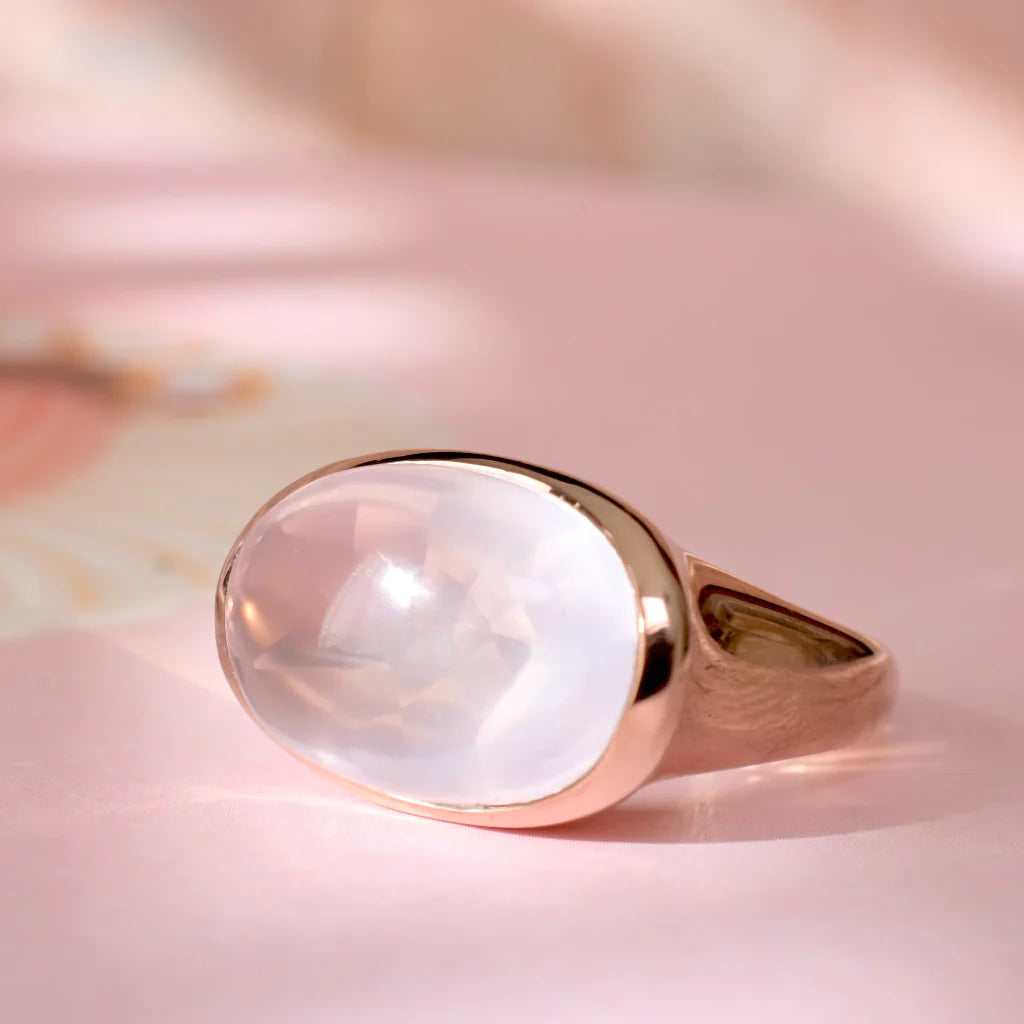 Natural Oval Cut Cabochon Rose Quartz Bezel Set Chunky Vintage Rings - 14k Rose Gold Vermeil Rings