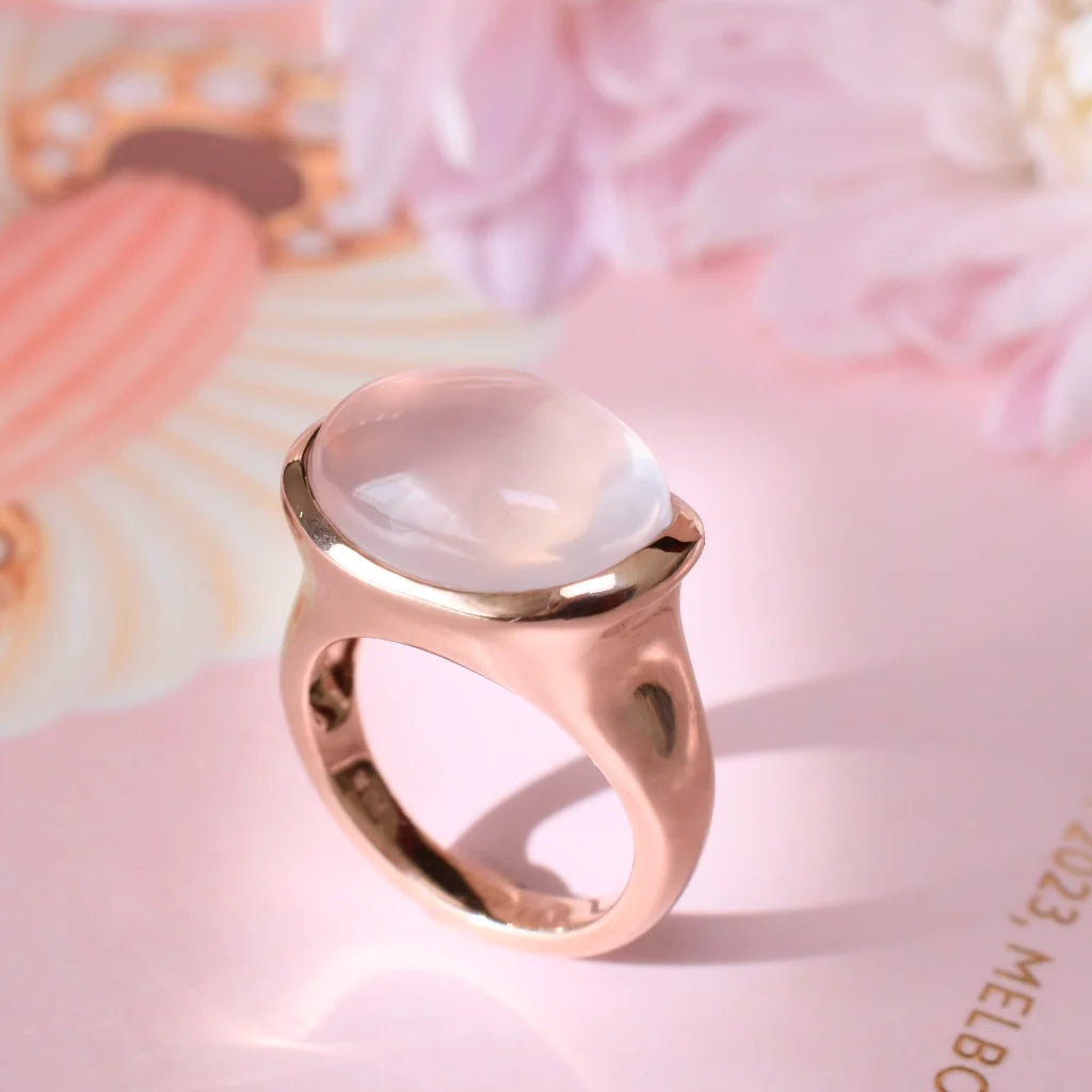 bagues vintage Rose Quartz Bezel Set - Bagues Vermeil en or rose 14 carats