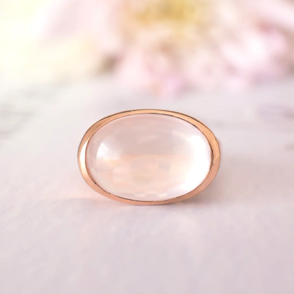 bagues vintage Rose Quartz Bezel Set - Bagues Vermeil en or rose 14 carats