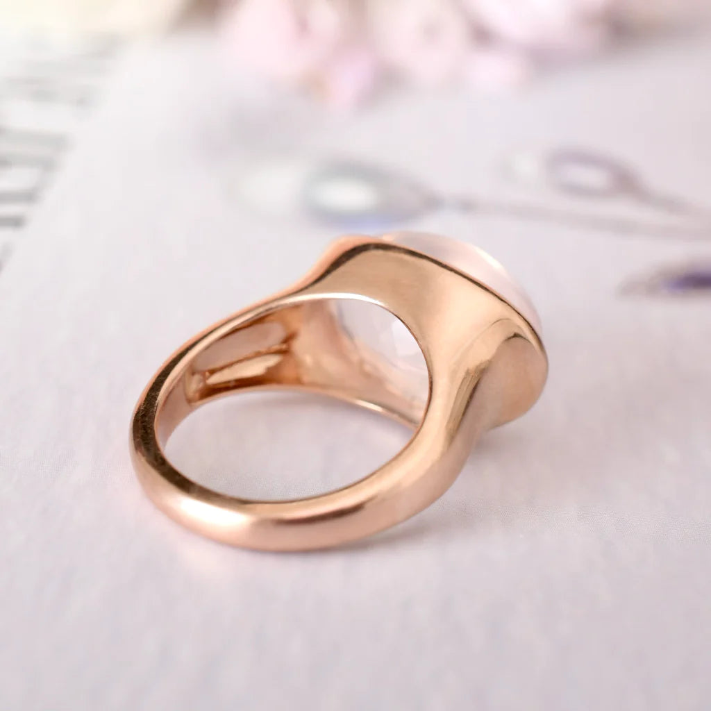 Natural Oval Cut Cabochon Rose Quartz Bezel Set Chunky Vintage Rings - 14k Rose Gold Vermeil Rings