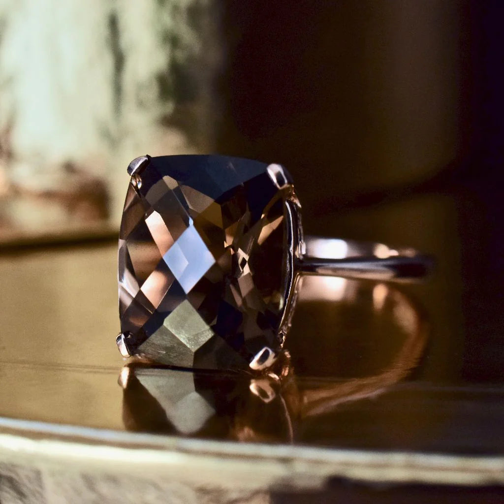 Natural Cushion Cut Smoky Quartz Solitaire Rings - 14k Rose Gold Vermeil Rings