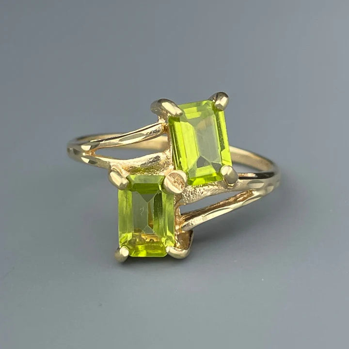 Natural Peridot Two Stone Vintage Promise Gold Vermeil Ring