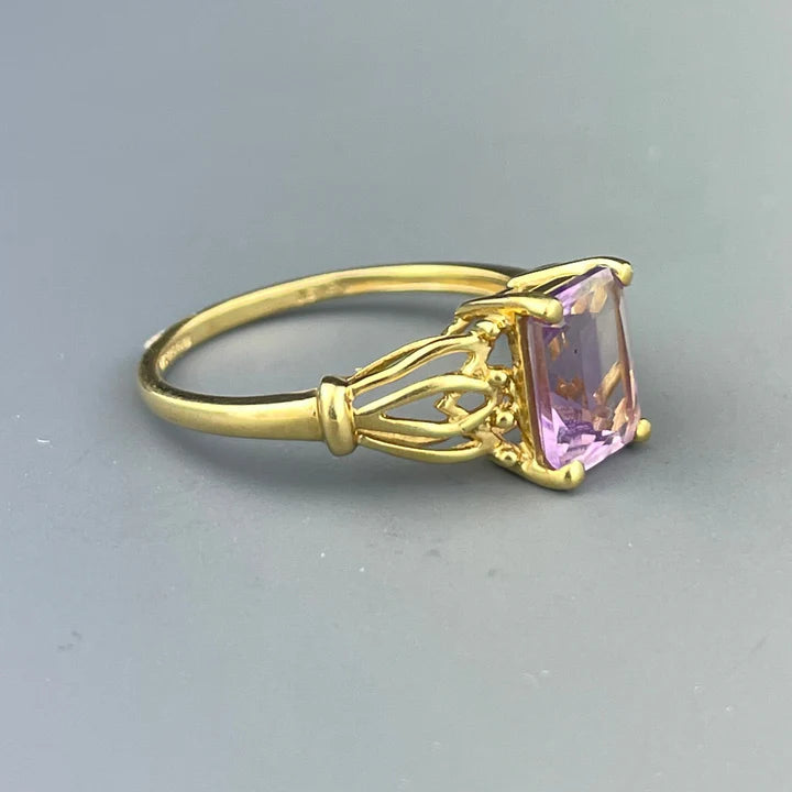 Natural Emerald Cut Amethyst Filigree Vintage Rings - 14k Gold Vermeil