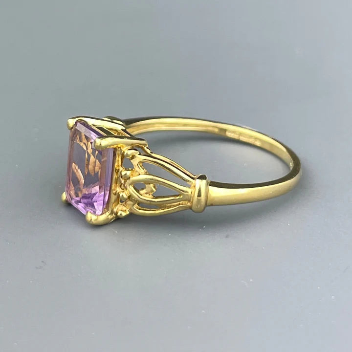 Natural Emerald Cut Amethyst Filigree Vintage Rings - 14k Gold Vermeil