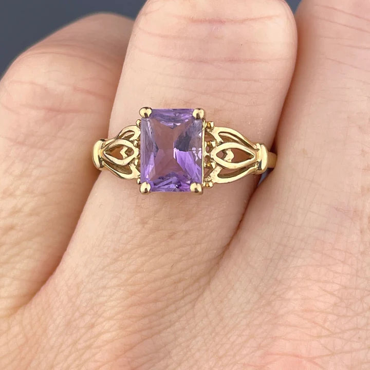 Natural Emerald Cut Amethyst Filigree Vintage Rings - 14k Gold Vermeil