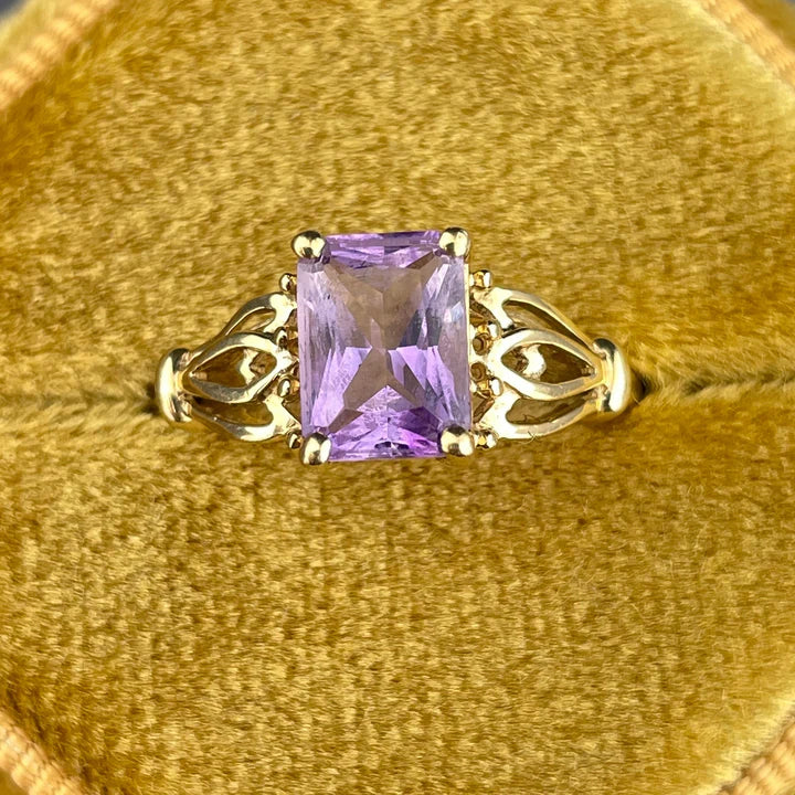 Natural Emerald Cut Amethyst Filigree Vintage Rings - 14k Gold Vermeil