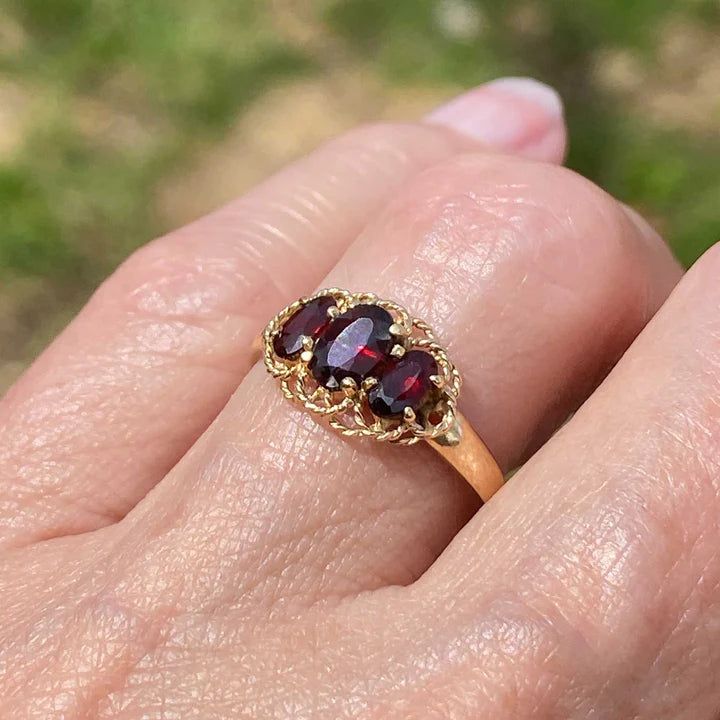 Natural Oval Cut Three Stone Garnet Half Eternity Vintage Rings - 14k Gold Vermeil Rings