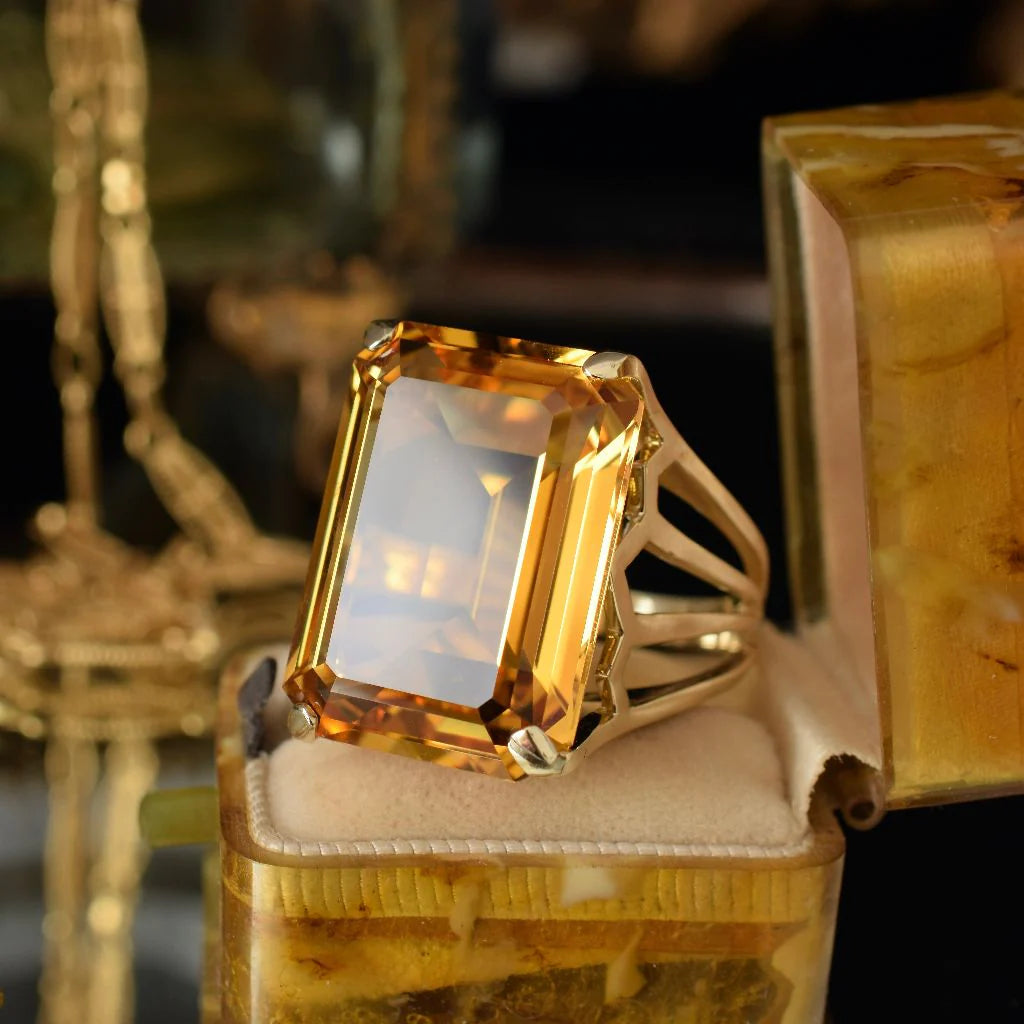 Natural Emerald Cut Citrine Cocktail Vintage Rings For Women - 14k Gold Vermeil Rings