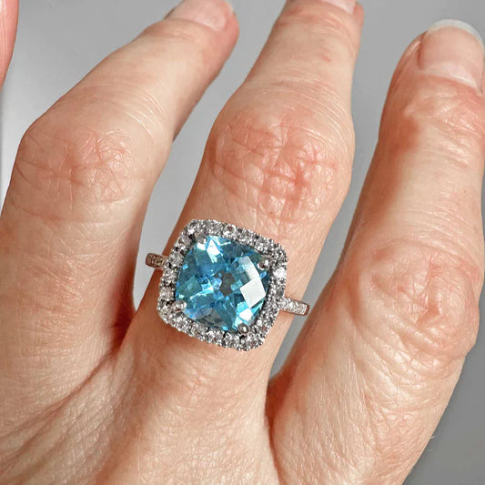 Swiss Blue Topaz Promise Halo Rings - 925 Sterling Silver Handmade Vintage Rings