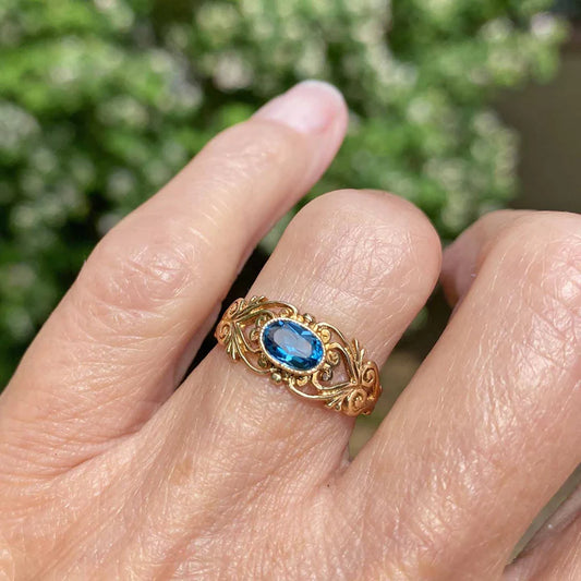 Natural Oval Cut Bezel Set Blue Topaz Vintage Filigree Rings For Women - 14k Gold Vermeil Rings