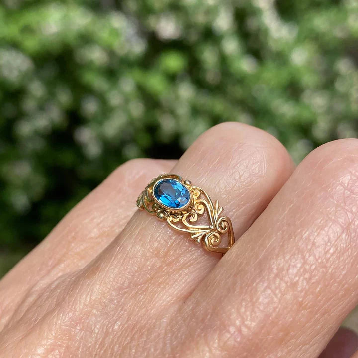 Natural Oval Cut Bezel Set Blue Topaz Vintage Filigree Rings For Women - 14k Gold Vermeil Rings