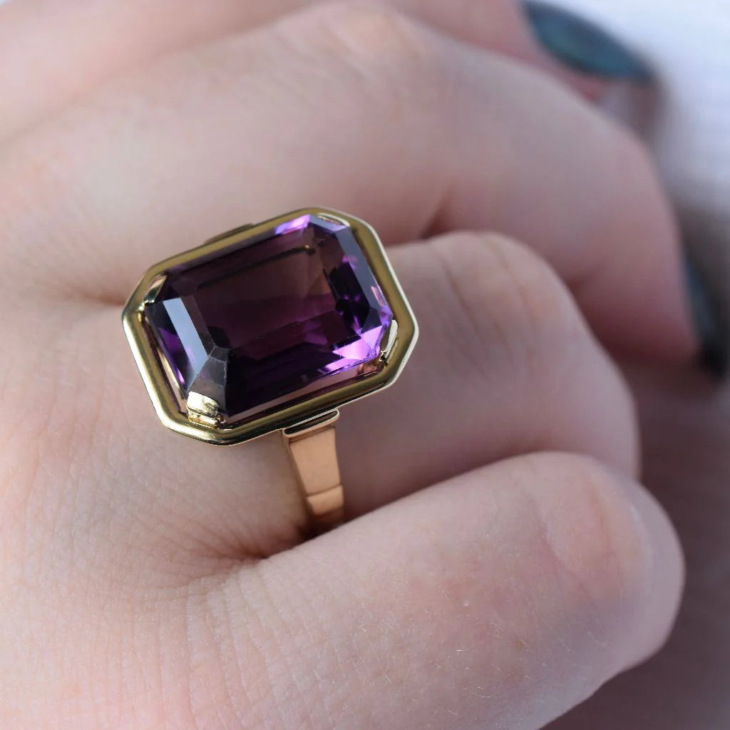 Natural Emerald Cut Amethyst Solitaire Cocktail Vintage  Rings - 14k Gold Vermeil Rings