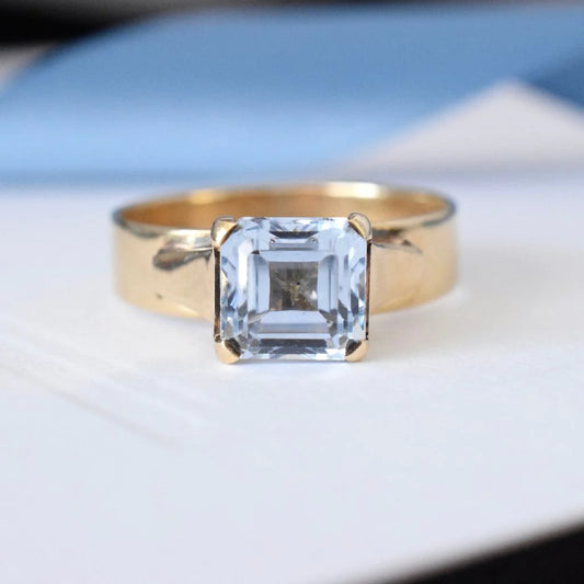 Natural Swiss Blue Topaz Square Cut Solitaire Ring - 14k Gold Vermeil Rings