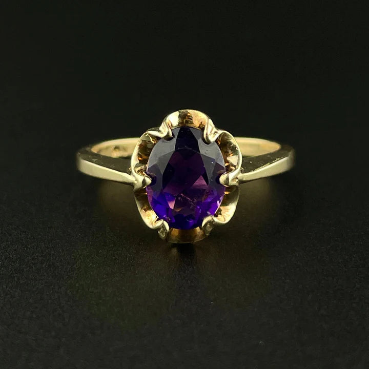 Natural Oval Cut Amethyst Solitaire Vintage Engagement Ring - 14k Gold Vermeil Ring