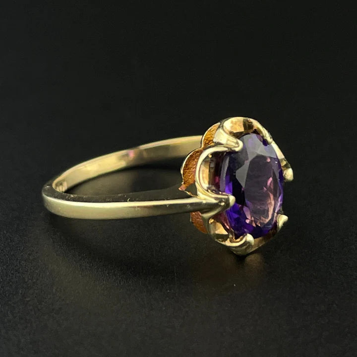 Natural Oval Cut Amethyst Solitaire Vintage Engagement Ring - 14k Gold Vermeil Ring