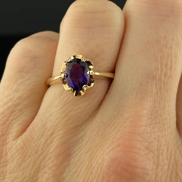 Natural Oval Cut Amethyst Solitaire Vintage Engagement Ring - 14k Gold Vermeil Ring