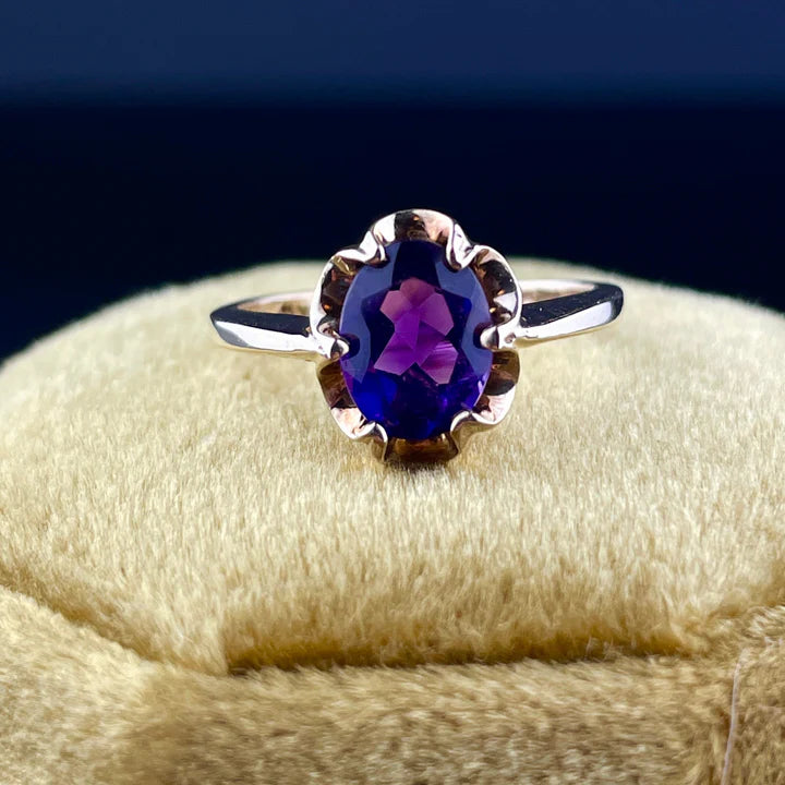 Natural Oval Cut Amethyst Solitaire Vintage Engagement Ring - 14k Gold Vermeil Ring