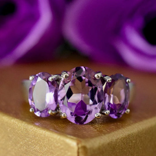 Amethyst-Drei-Steine-Ring – 925er Sterlingsilber-Ring – Statement-Ringe