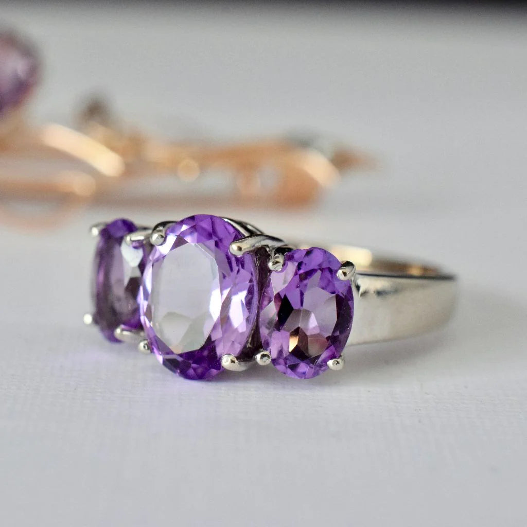 Amethyst-Drei-Steine-Ring – 925er Sterlingsilber-Ring – Statement-Ringe