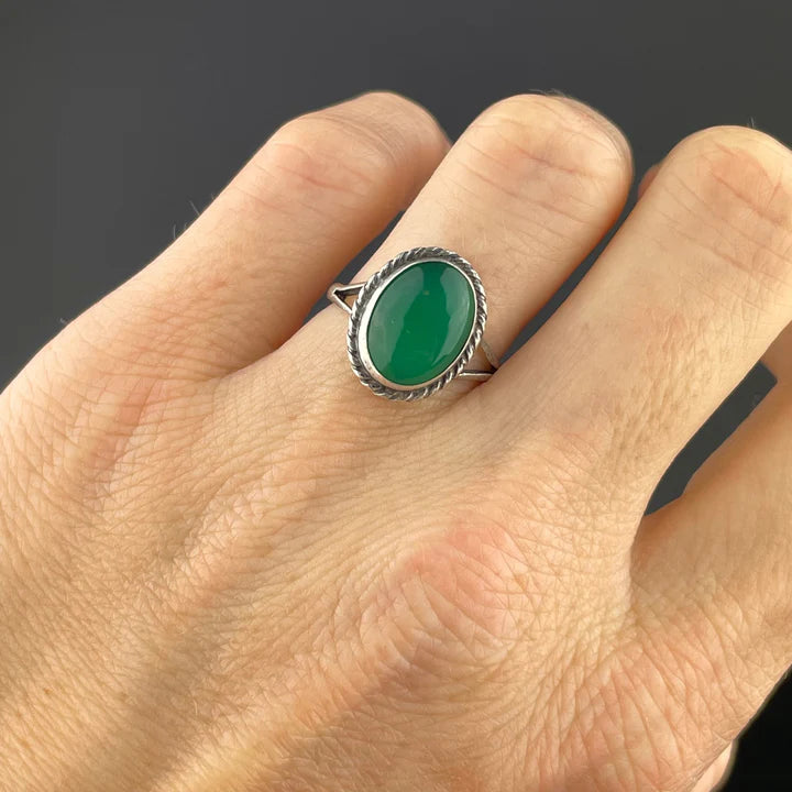 Natural Oval Cut Green Onyx 925 Sterling Silver Boho Ring