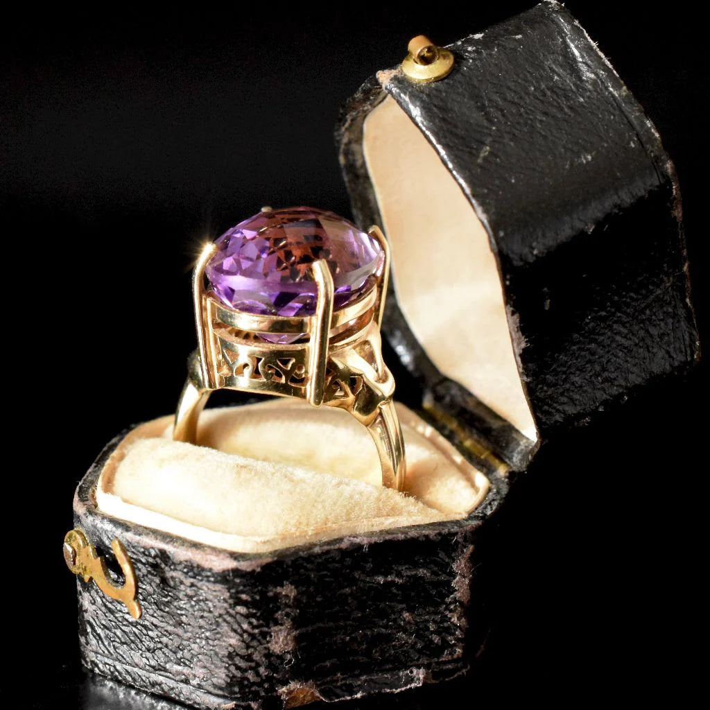 Natürliche, oval geschnittene Schachbrett-Amethyst-Cocktailringe – Ringe aus 14-karätigem Gold-Vermeil