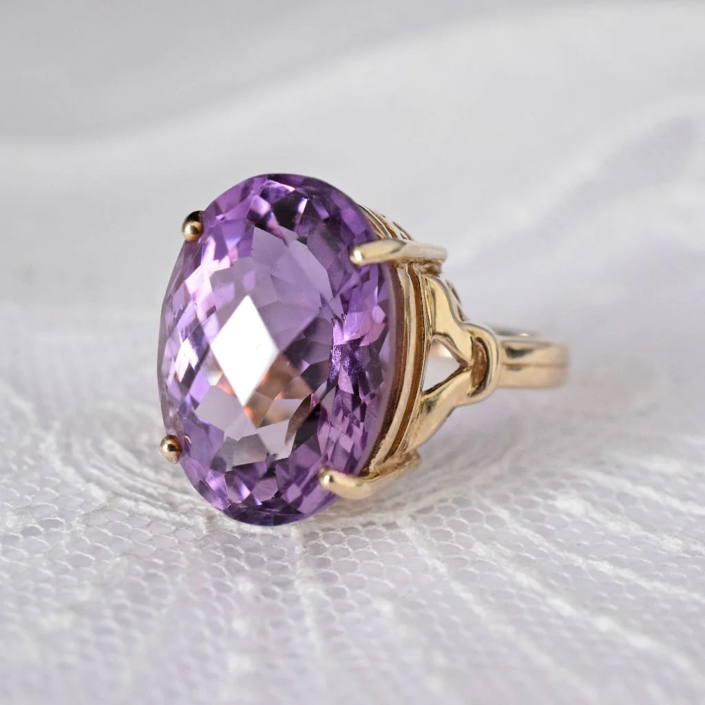 Natürliche, oval geschnittene Schachbrett-Amethyst-Cocktailringe – Ringe aus 14-karätigem Gold-Vermeil